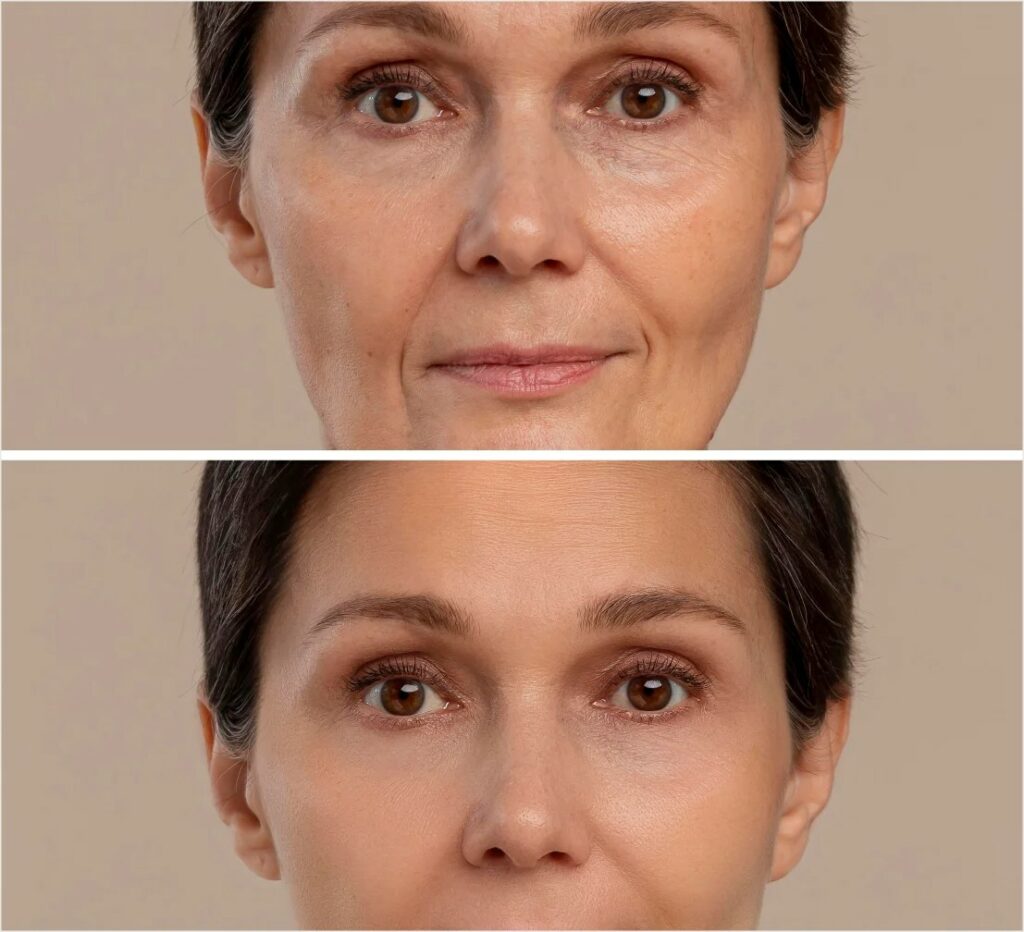 a before and after photo of Dysport treatment from Atomic Dermatology and Med Spa